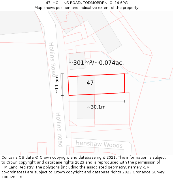47, HOLLINS ROAD, TODMORDEN, OL14 6PG: Plot and title map