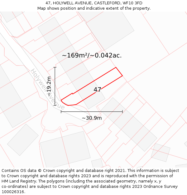 47, HOLYWELL AVENUE, CASTLEFORD, WF10 3FD: Plot and title map