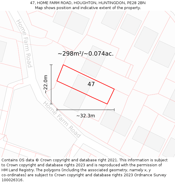 47, HOME FARM ROAD, HOUGHTON, HUNTINGDON, PE28 2BN: Plot and title map