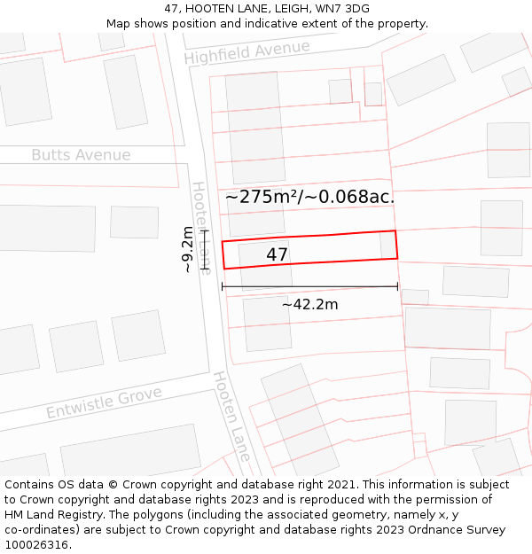 47, HOOTEN LANE, LEIGH, WN7 3DG: Plot and title map