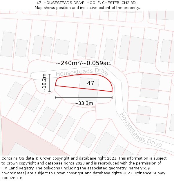 47, HOUSESTEADS DRIVE, HOOLE, CHESTER, CH2 3DL: Plot and title map