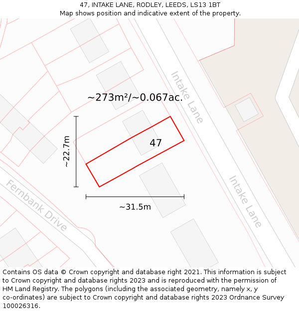 47, INTAKE LANE, RODLEY, LEEDS, LS13 1BT: Plot and title map