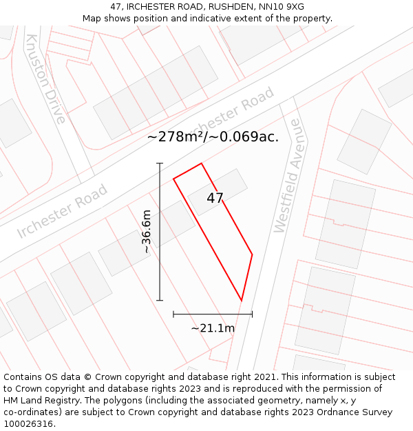 47, IRCHESTER ROAD, RUSHDEN, NN10 9XG: Plot and title map