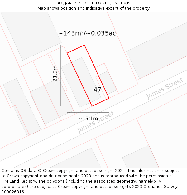 47, JAMES STREET, LOUTH, LN11 0JN: Plot and title map