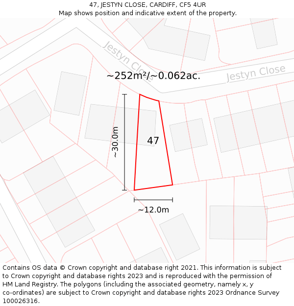47, JESTYN CLOSE, CARDIFF, CF5 4UR: Plot and title map