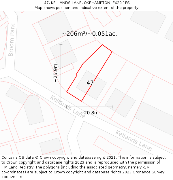 47, KELLANDS LANE, OKEHAMPTON, EX20 1FS: Plot and title map
