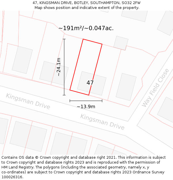 47, KINGSMAN DRIVE, BOTLEY, SOUTHAMPTON, SO32 2FW: Plot and title map