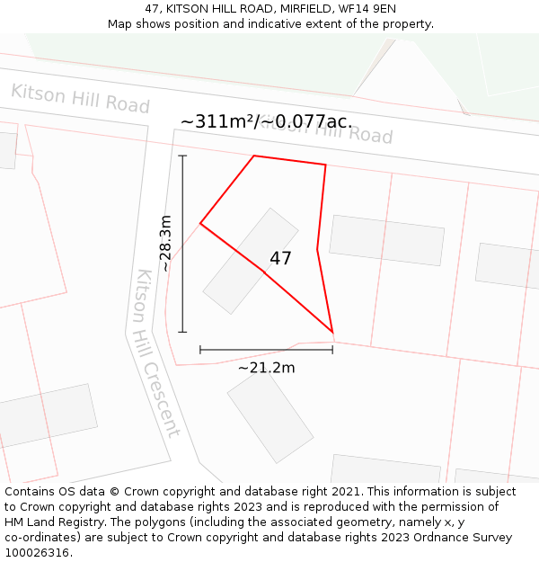 47, KITSON HILL ROAD, MIRFIELD, WF14 9EN: Plot and title map