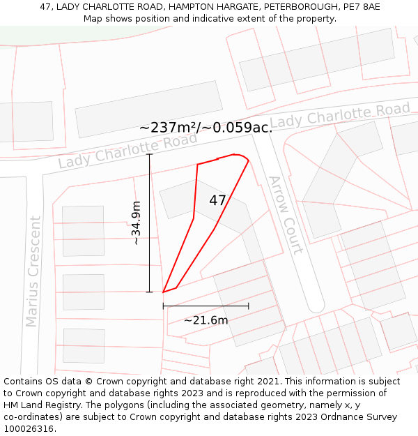47, LADY CHARLOTTE ROAD, HAMPTON HARGATE, PETERBOROUGH, PE7 8AE: Plot and title map