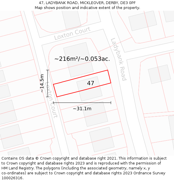 47, LADYBANK ROAD, MICKLEOVER, DERBY, DE3 0PF: Plot and title map