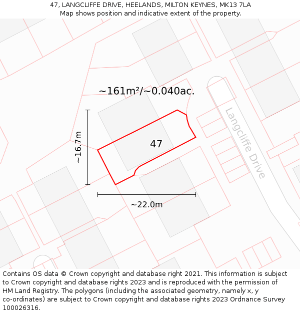 47, LANGCLIFFE DRIVE, HEELANDS, MILTON KEYNES, MK13 7LA: Plot and title map