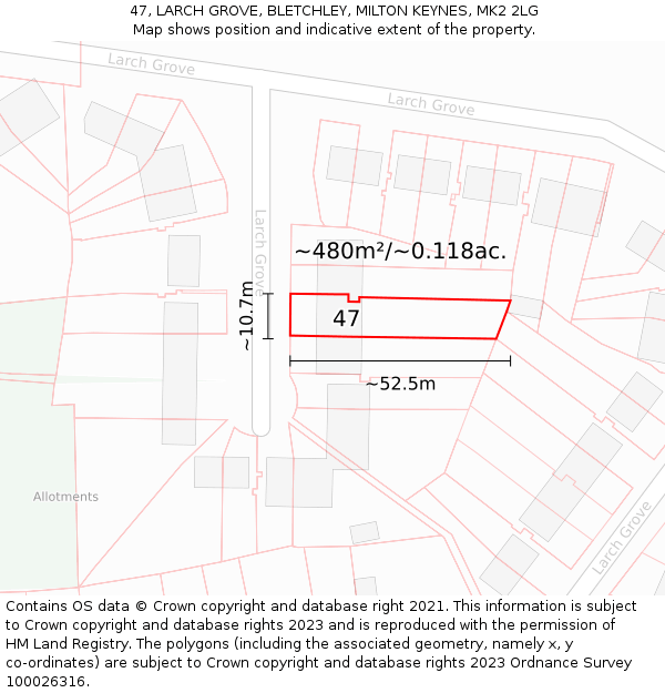 47, LARCH GROVE, BLETCHLEY, MILTON KEYNES, MK2 2LG: Plot and title map