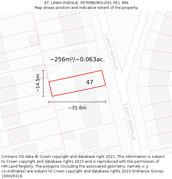 47, LAWN AVENUE, PETERBOROUGH, PE1 3RA: Plot and title map
