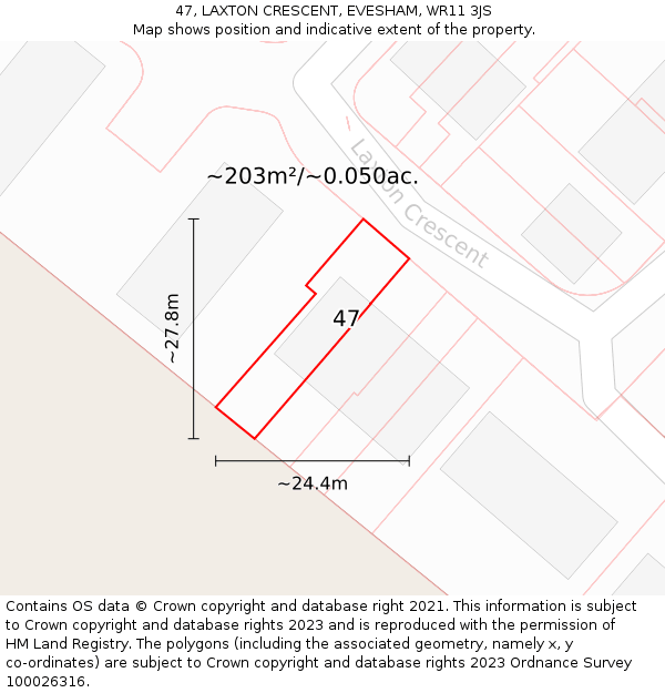 47, LAXTON CRESCENT, EVESHAM, WR11 3JS: Plot and title map