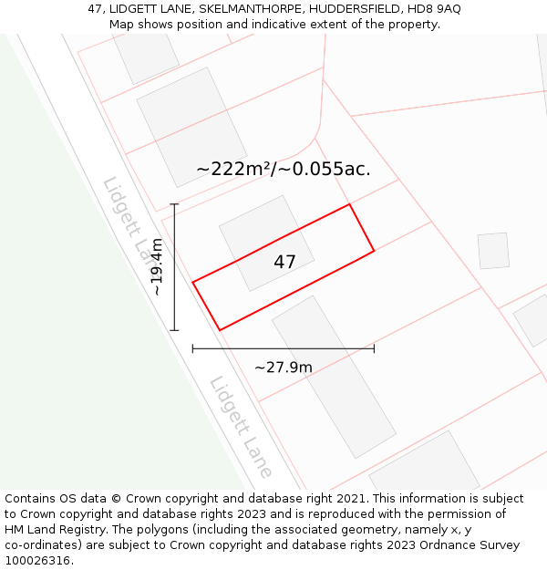 47, LIDGETT LANE, SKELMANTHORPE, HUDDERSFIELD, HD8 9AQ: Plot and title map