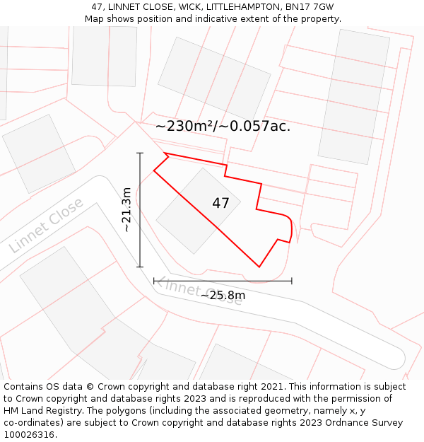 47, LINNET CLOSE, WICK, LITTLEHAMPTON, BN17 7GW: Plot and title map