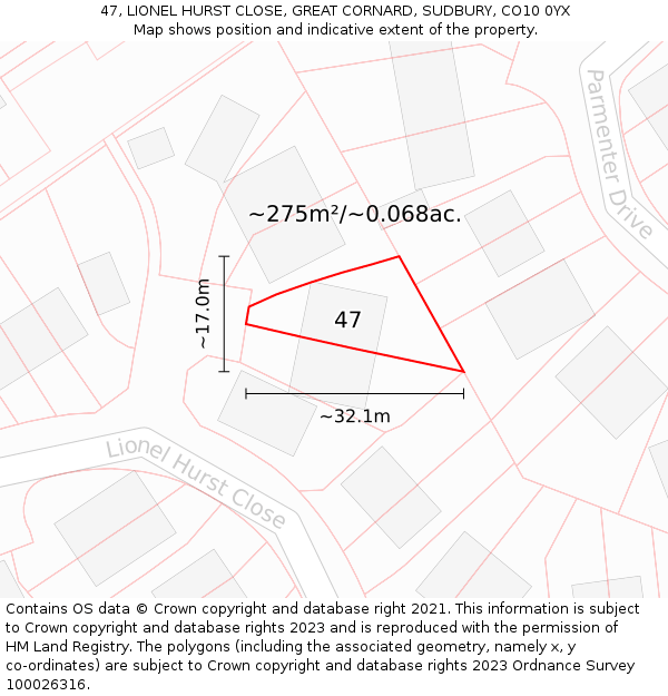 47, LIONEL HURST CLOSE, GREAT CORNARD, SUDBURY, CO10 0YX: Plot and title map