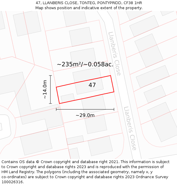 47, LLANBERIS CLOSE, TONTEG, PONTYPRIDD, CF38 1HR: Plot and title map