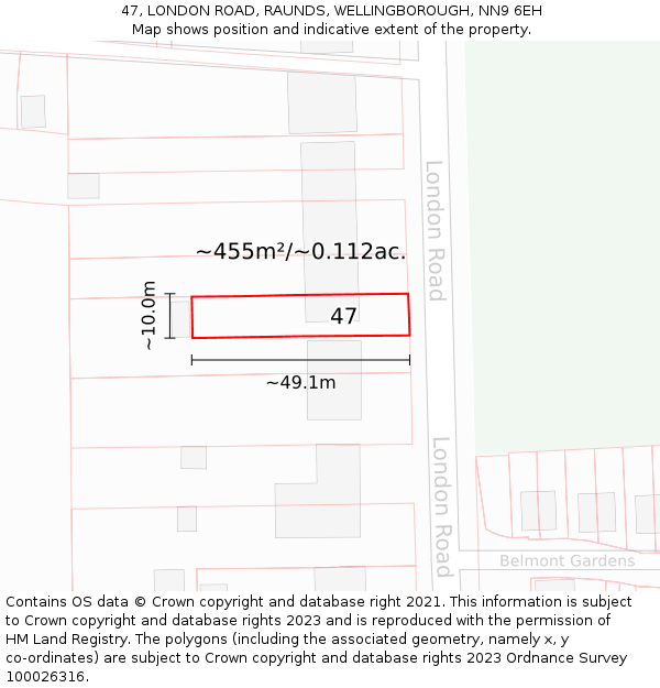 47, LONDON ROAD, RAUNDS, WELLINGBOROUGH, NN9 6EH: Plot and title map