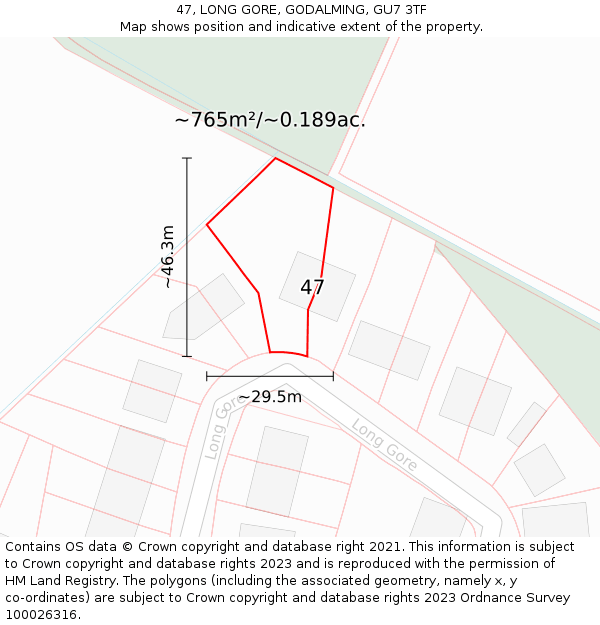 47, LONG GORE, GODALMING, GU7 3TF: Plot and title map