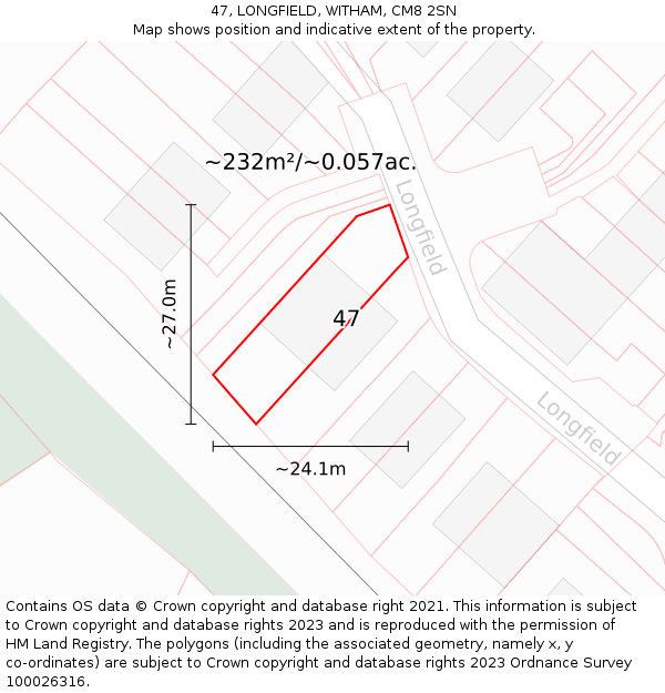 47, LONGFIELD, WITHAM, CM8 2SN: Plot and title map