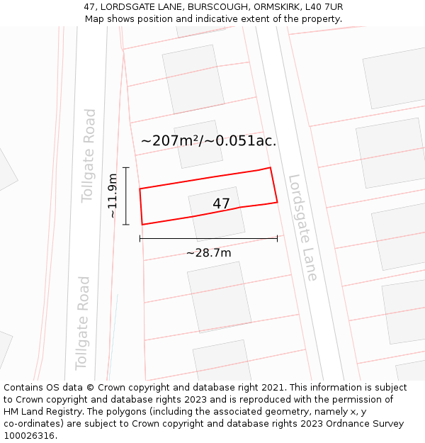 47, LORDSGATE LANE, BURSCOUGH, ORMSKIRK, L40 7UR: Plot and title map