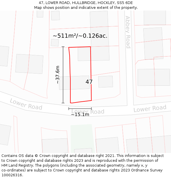 47, LOWER ROAD, HULLBRIDGE, HOCKLEY, SS5 6DE: Plot and title map