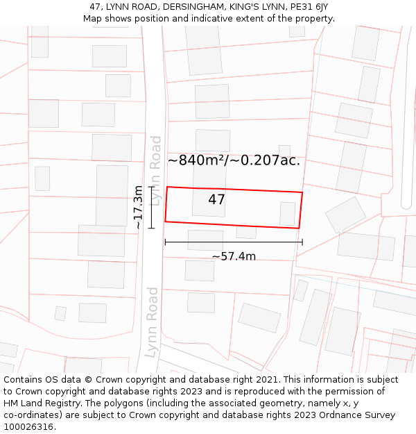 47, LYNN ROAD, DERSINGHAM, KING'S LYNN, PE31 6JY: Plot and title map