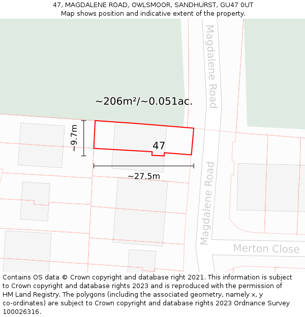 47, MAGDALENE ROAD, OWLSMOOR, SANDHURST, GU47 0UT: Plot and title map