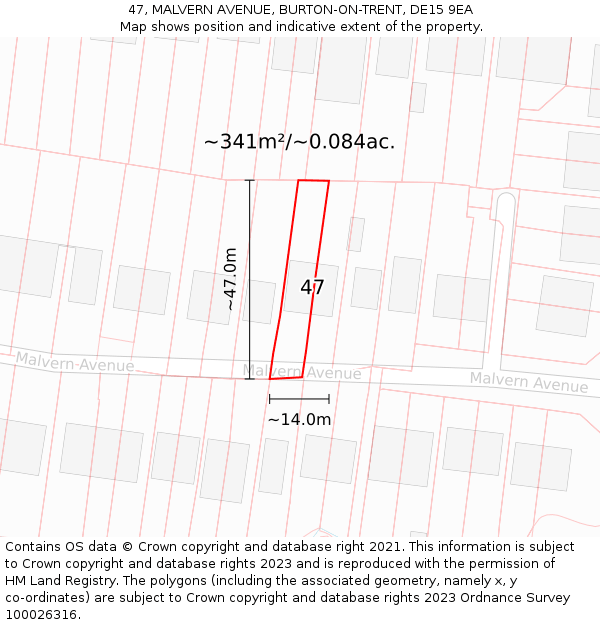 47, MALVERN AVENUE, BURTON-ON-TRENT, DE15 9EA: Plot and title map
