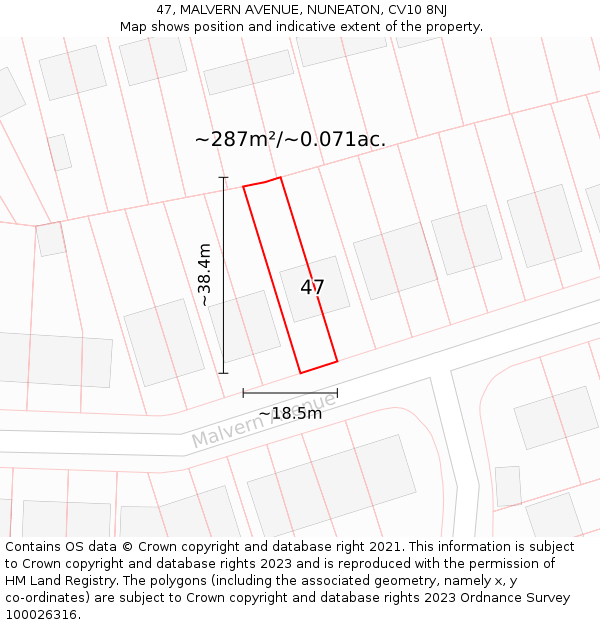 47, MALVERN AVENUE, NUNEATON, CV10 8NJ: Plot and title map