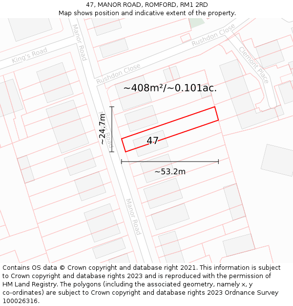 47, MANOR ROAD, ROMFORD, RM1 2RD: Plot and title map