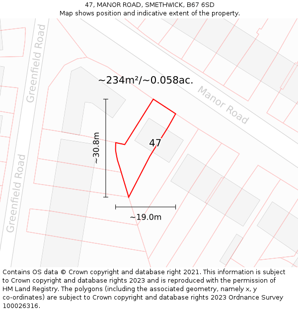 47, MANOR ROAD, SMETHWICK, B67 6SD: Plot and title map