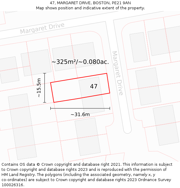 47, MARGARET DRIVE, BOSTON, PE21 9AN: Plot and title map