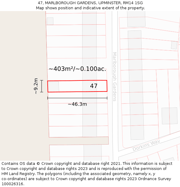 47, MARLBOROUGH GARDENS, UPMINSTER, RM14 1SG: Plot and title map