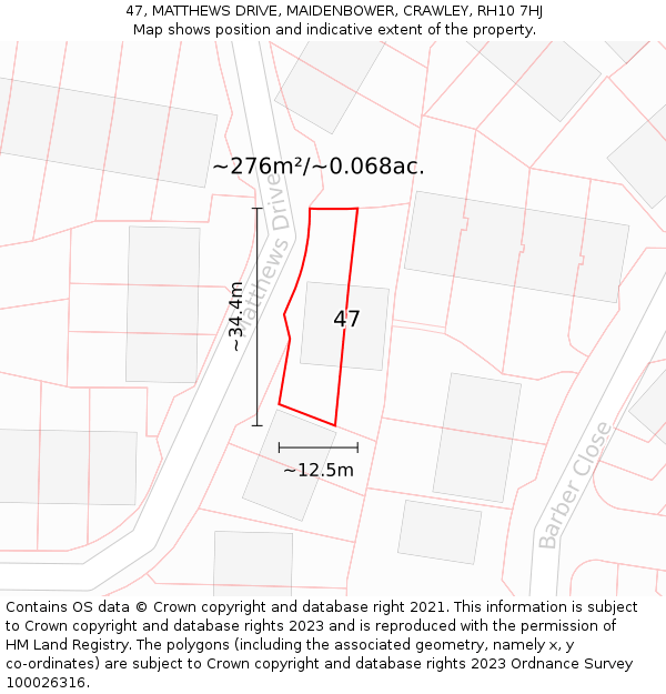 47, MATTHEWS DRIVE, MAIDENBOWER, CRAWLEY, RH10 7HJ: Plot and title map
