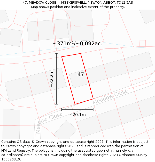 47, MEADOW CLOSE, KINGSKERSWELL, NEWTON ABBOT, TQ12 5AS: Plot and title map