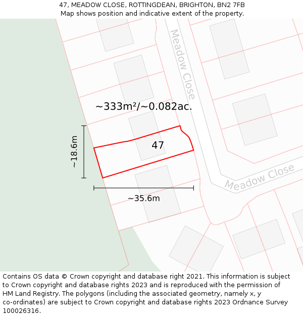 47, MEADOW CLOSE, ROTTINGDEAN, BRIGHTON, BN2 7FB: Plot and title map