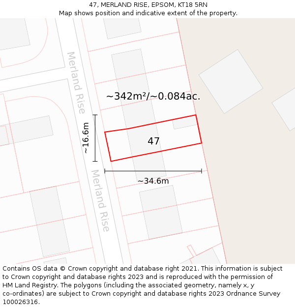 47, MERLAND RISE, EPSOM, KT18 5RN: Plot and title map