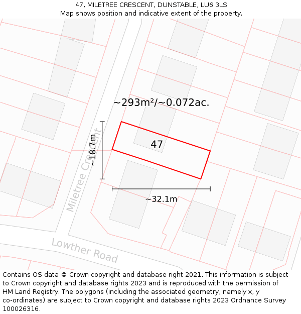 47, MILETREE CRESCENT, DUNSTABLE, LU6 3LS: Plot and title map