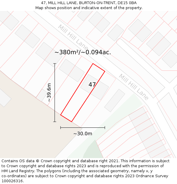47, MILL HILL LANE, BURTON-ON-TRENT, DE15 0BA: Plot and title map