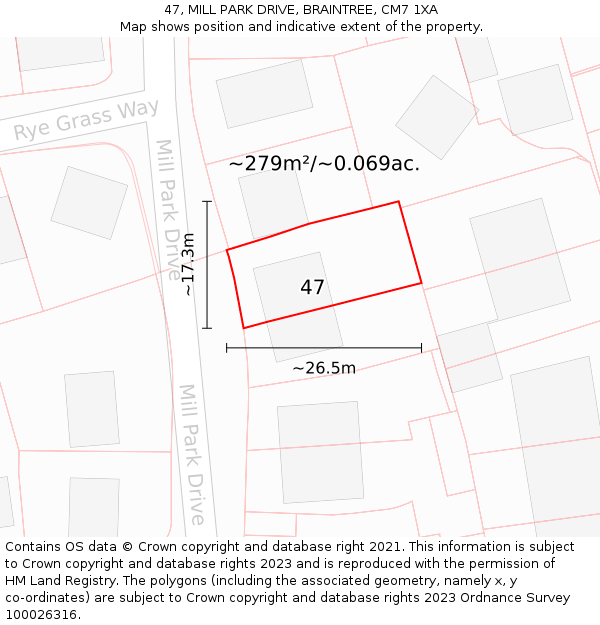 47, MILL PARK DRIVE, BRAINTREE, CM7 1XA: Plot and title map