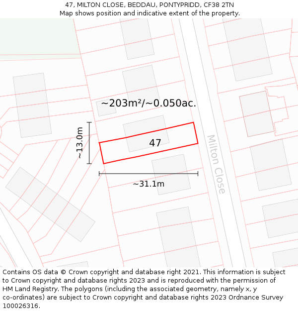 47, MILTON CLOSE, BEDDAU, PONTYPRIDD, CF38 2TN: Plot and title map