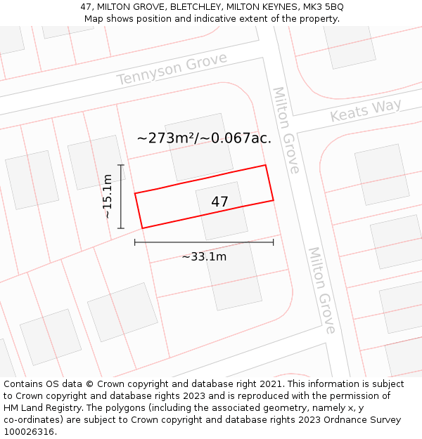 47, MILTON GROVE, BLETCHLEY, MILTON KEYNES, MK3 5BQ: Plot and title map