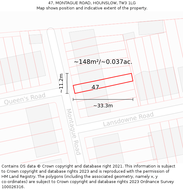 47, MONTAGUE ROAD, HOUNSLOW, TW3 1LG: Plot and title map