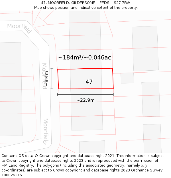 47, MOORFIELD, GILDERSOME, LEEDS, LS27 7BW: Plot and title map