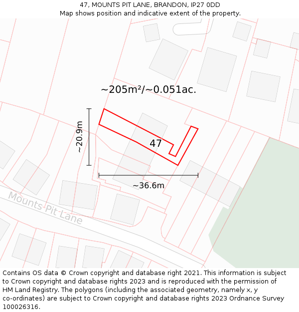 47, MOUNTS PIT LANE, BRANDON, IP27 0DD: Plot and title map