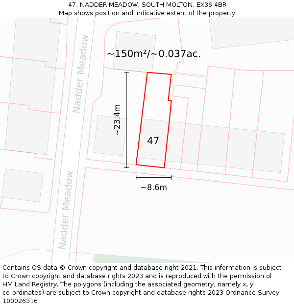 47, NADDER MEADOW, SOUTH MOLTON, EX36 4BR: Plot and title map