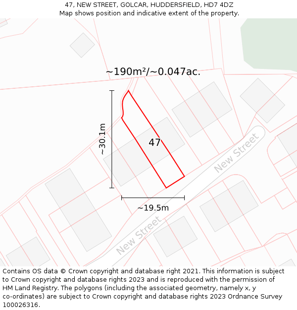 47, NEW STREET, GOLCAR, HUDDERSFIELD, HD7 4DZ: Plot and title map