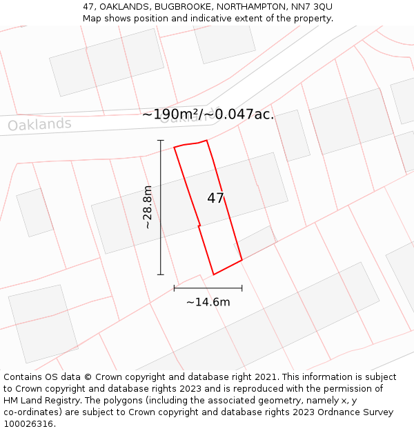 47, OAKLANDS, BUGBROOKE, NORTHAMPTON, NN7 3QU: Plot and title map